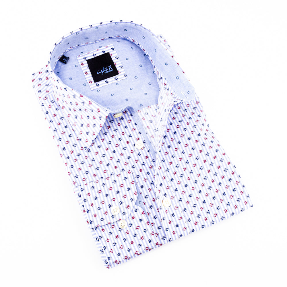 Button Down Print Shirt W/Jacquard Trim Long Sleeve Button Down EightX   