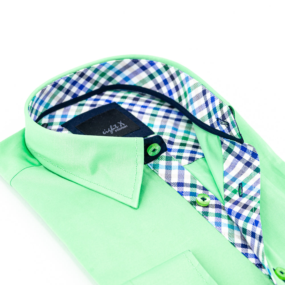 Green Button Down Shirt W/Plaid Trim Long Sleeve Button Down EightX   