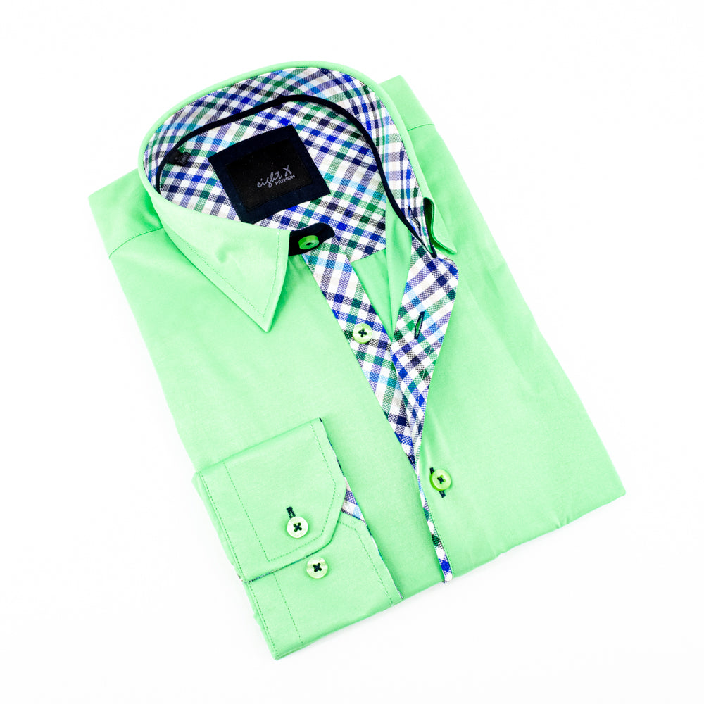 Green Button Down Shirt W/Plaid Trim Long Sleeve Button Down EightX   