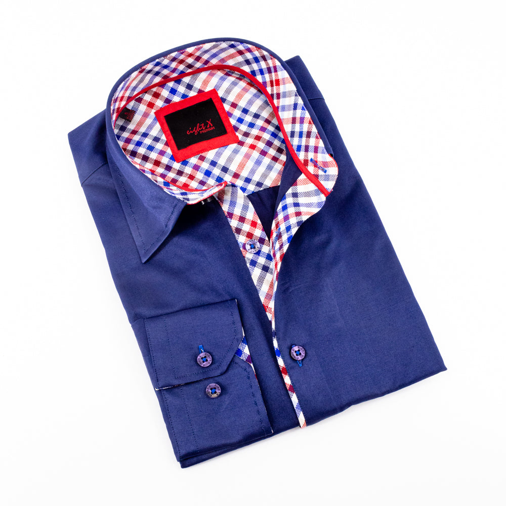 Eight-X | Designer Dress Shirts | Solid Color Shirts W/ Plaid Trim NAVY / S Eight-X | Designer Dress Shirts | Solid Color Shirts W/ Plaid Trim NAVY / S