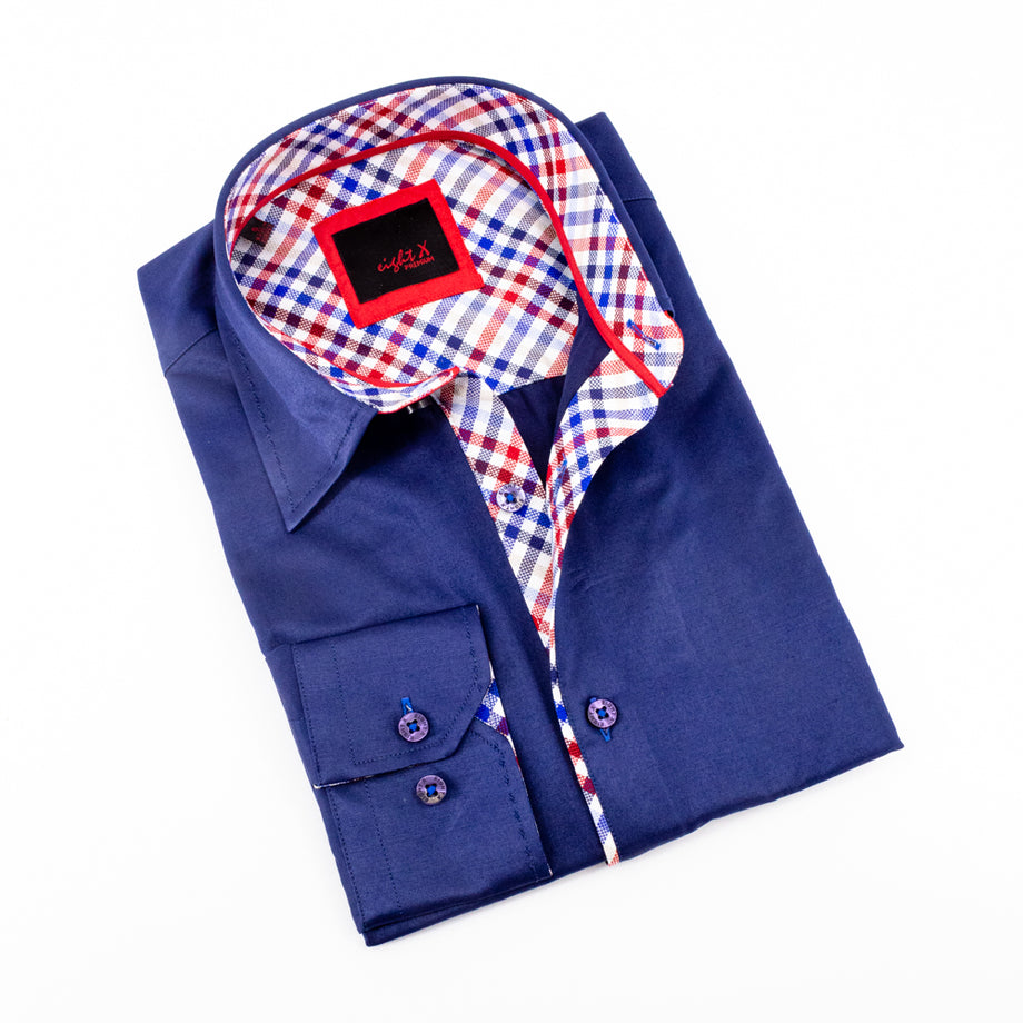 Eight X Designer Dress Shirts Solid Color Shirts w Plaid Trim Navy S