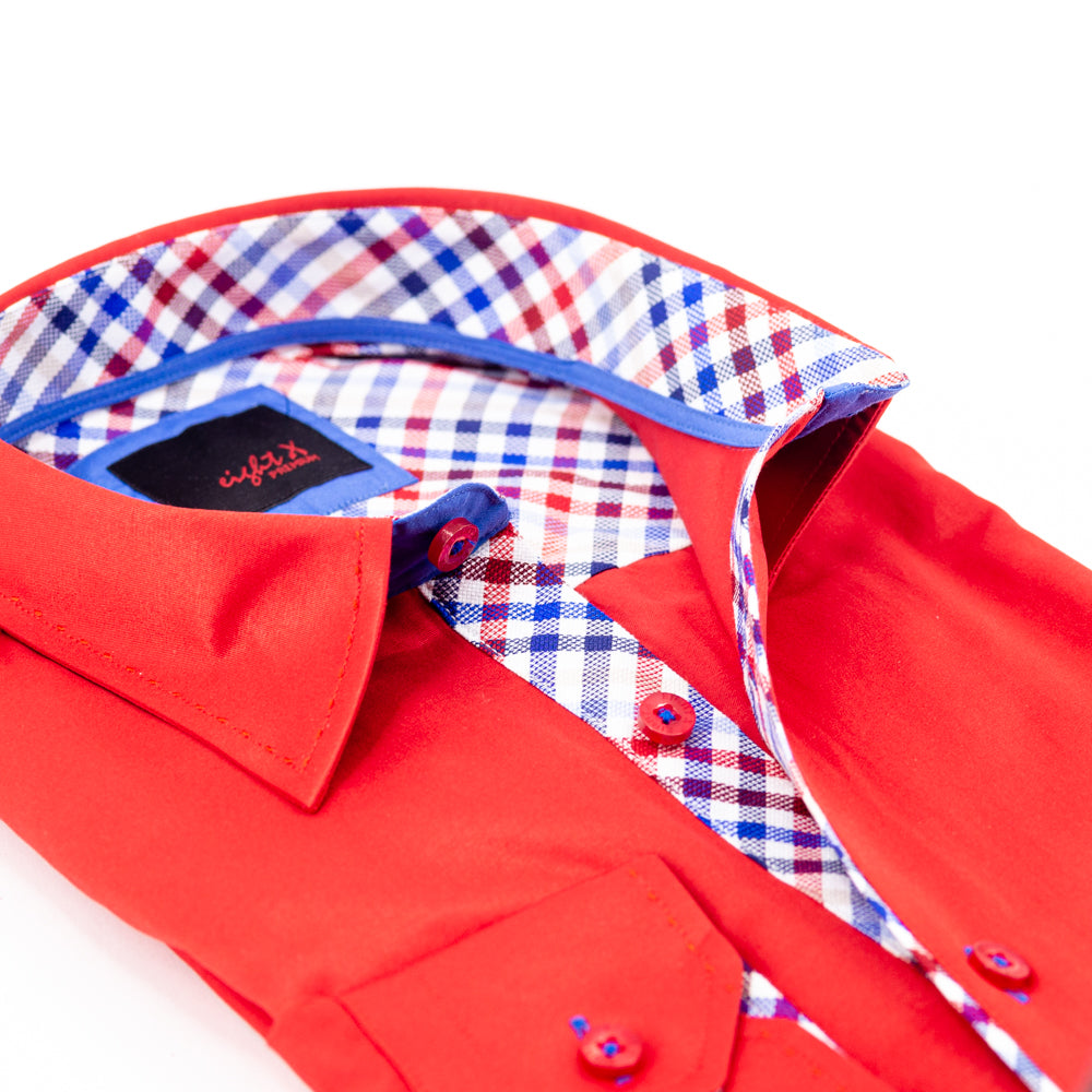 Red Button Down Shirt W/Plaid Trim Long Sleeve Button Down EightX   