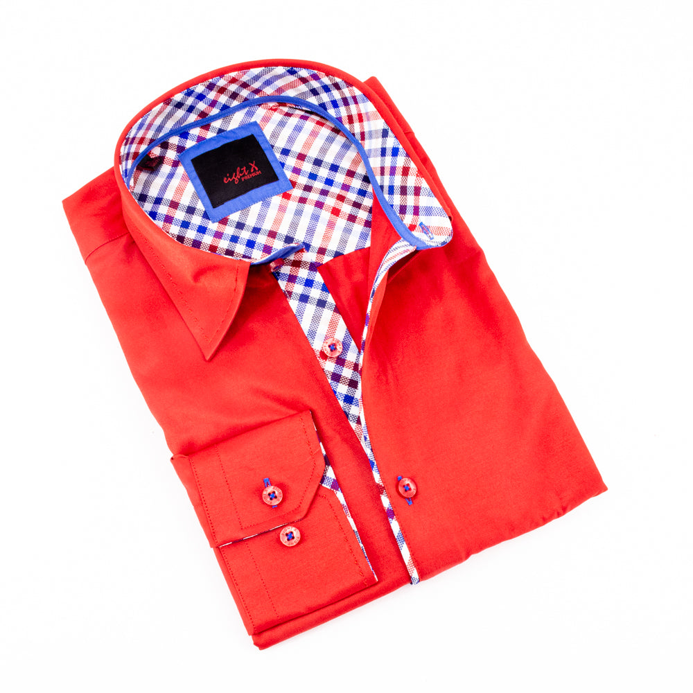 Red Button Down Shirt W/Plaid Trim Long Sleeve Button Down EightX   