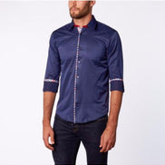 Navy Button Down Shirt W/Plaid Trim Long Sleeve Button Down EightX   