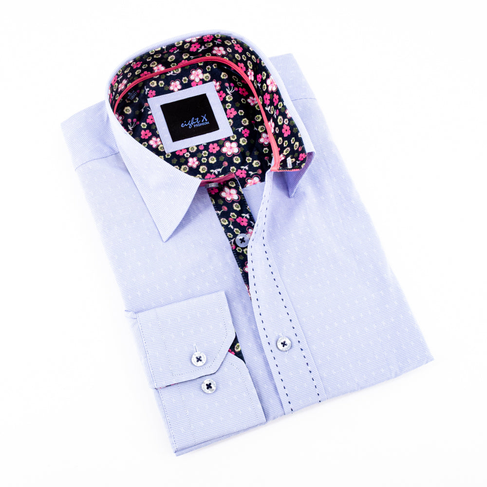 Jacquard Light Blue Button Down Shirt W/Floral Trim Long Sleeve Button Down EightX   