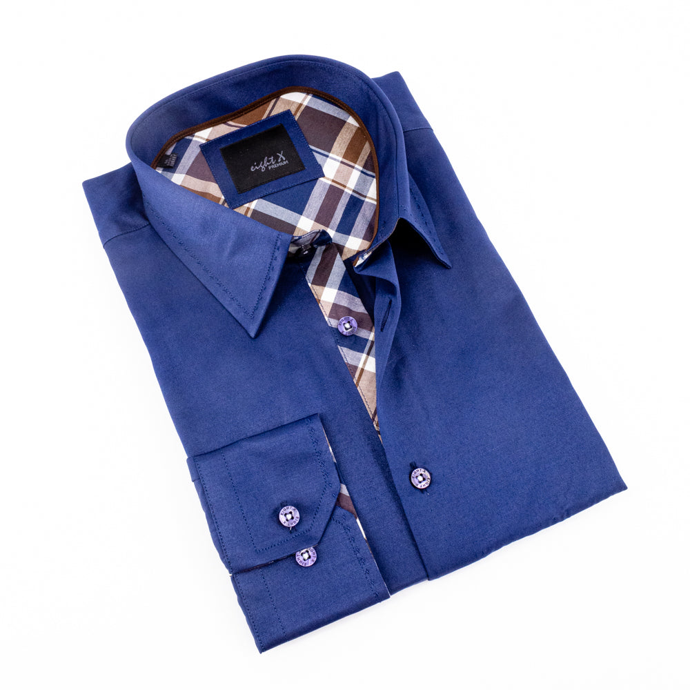 Solid Navy Button Down Shirt W/Plaid Trim Long Sleeve Button Down EightX   