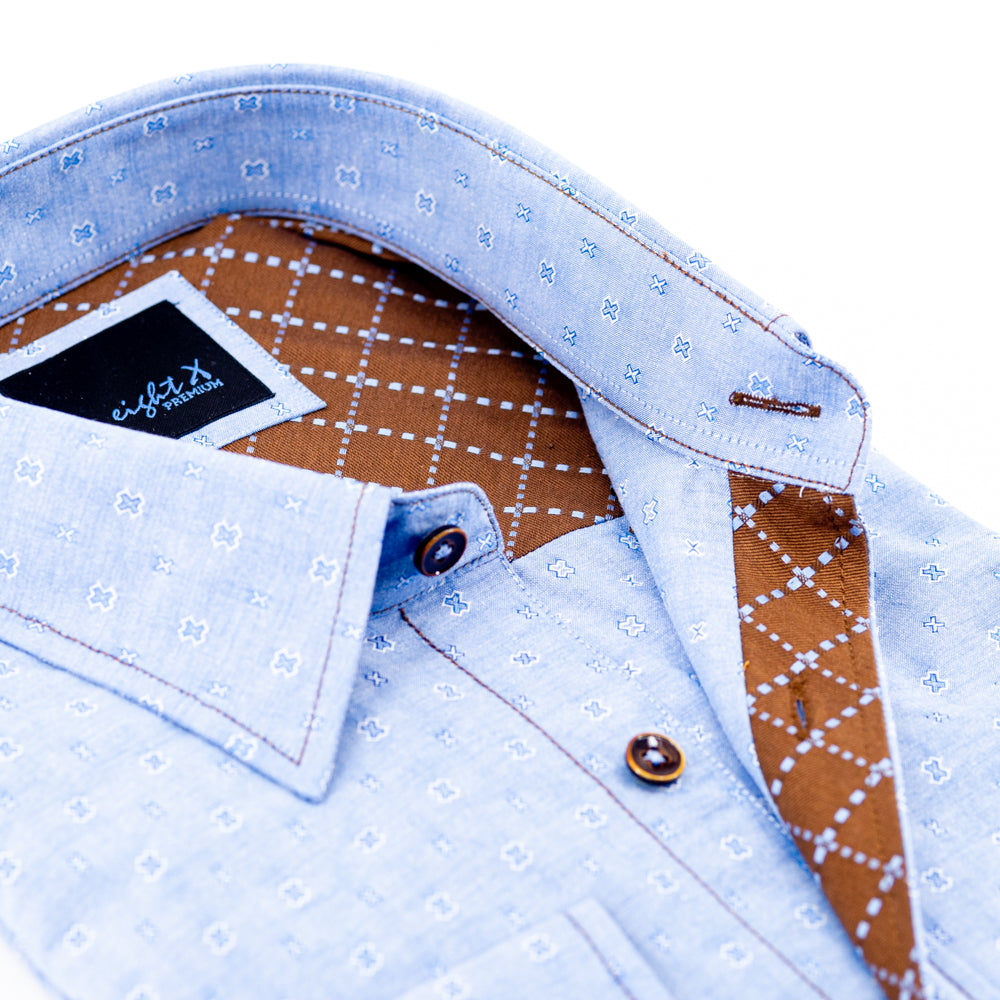 Jacquard Button Down Blue Shirt W/Brown Trim Jacquard Button Down Blue Shirt W/Brown Trim