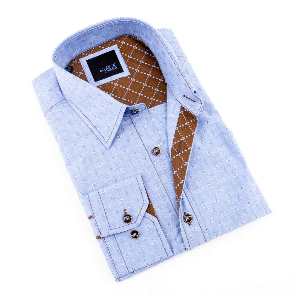Jacquard Button Down Blue Shirt W/Brown Trim Long Sleeve Button Down EightX   