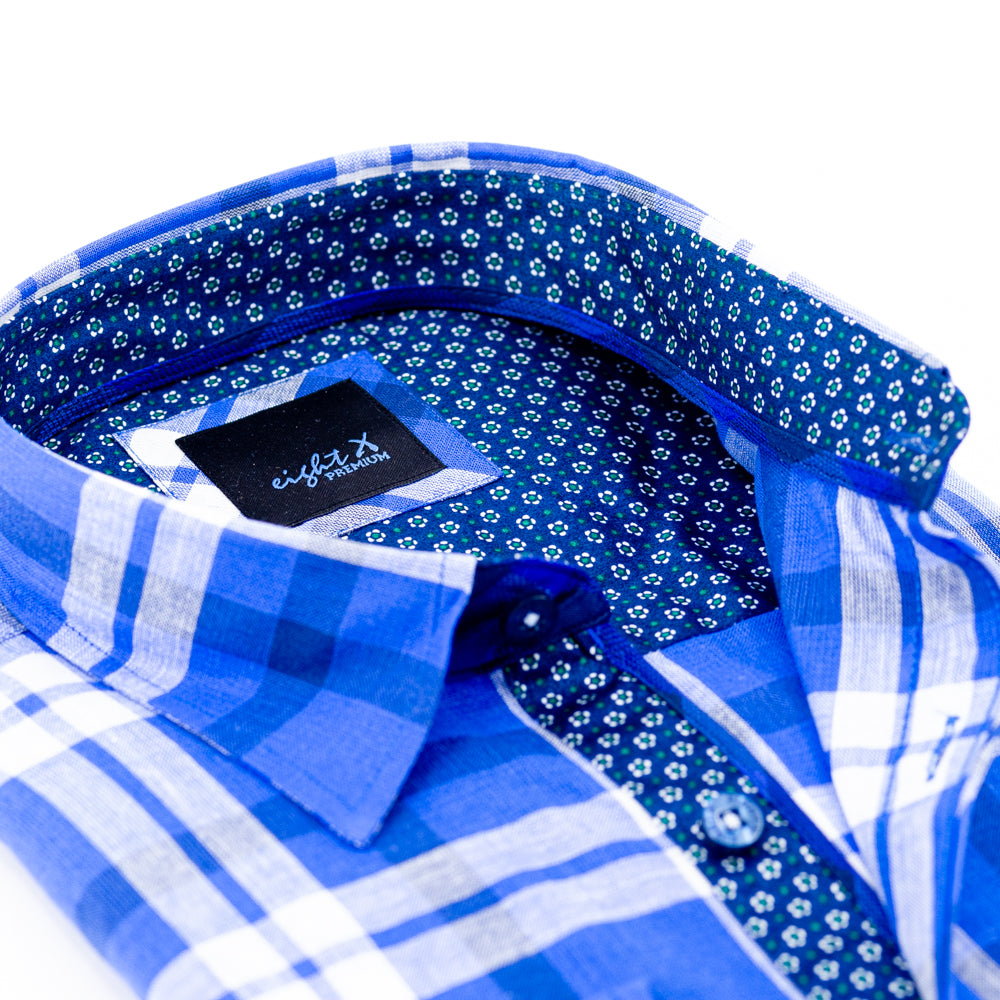 Detail of blue, plaid linen collar and royal-blue calico trim.