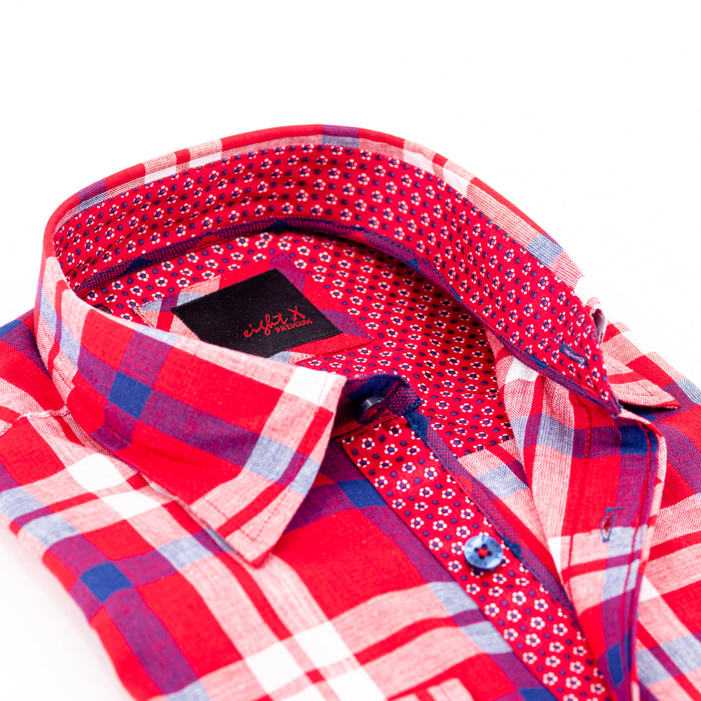Detail of red, plaid linen collar and red calico trim.