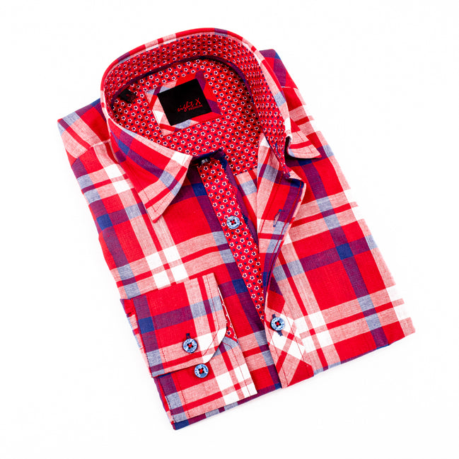 Red Plaid Linen Shirt Long Sleeve Button Down EightX   