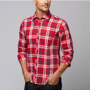 Red Plaid Linen Shirt Long Sleeve Button Down EightX   