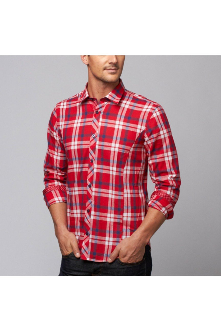 red plaid dress shirt Unique Bargains Men's Plaid Button Down Long Sleeves Dress Checkered Shirts 2XL Red White