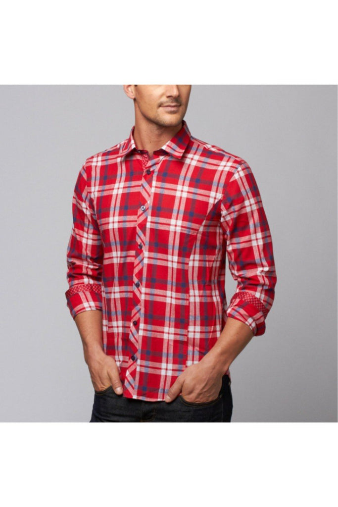 Model in red plaid linen button up with red calico trim.