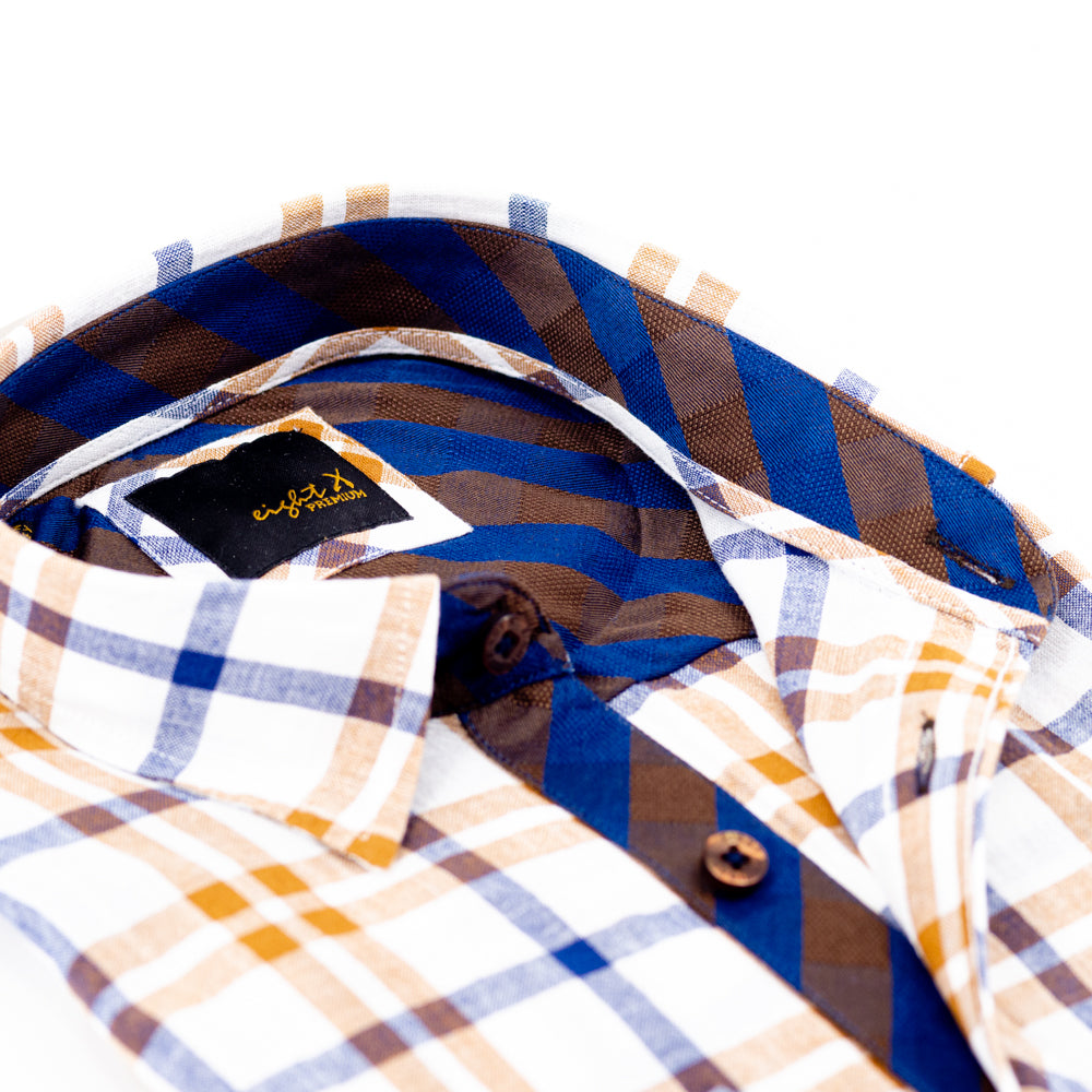 Plaid Linen Shirt - Brown on White Long Sleeve Button Down EightX   