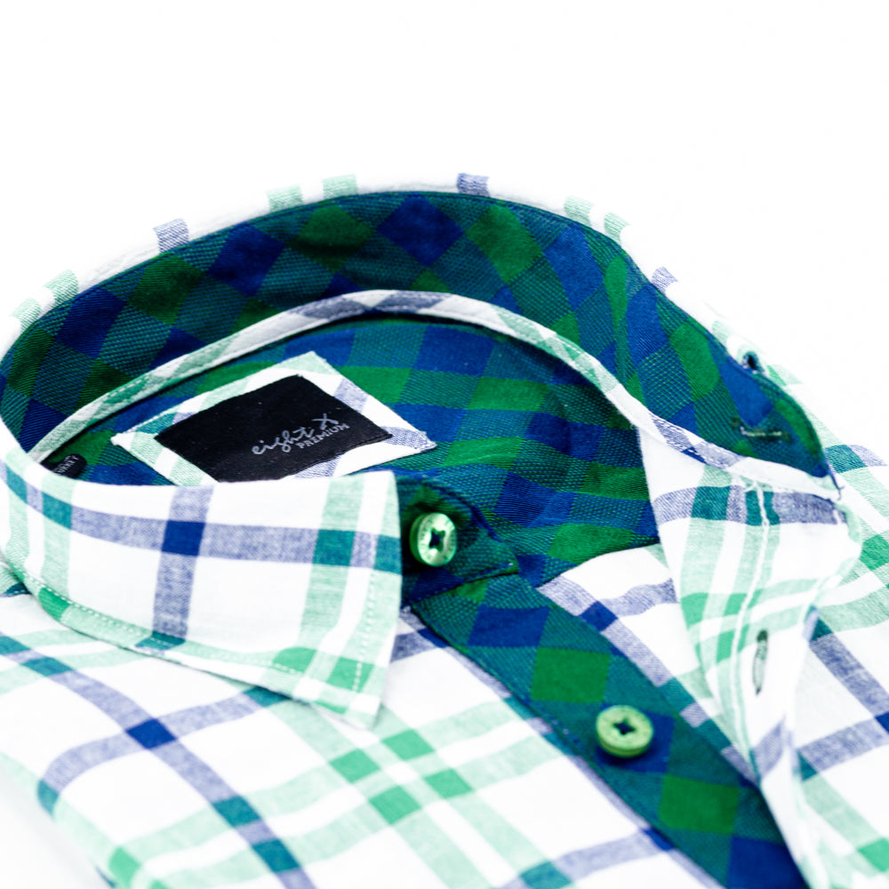 Plaid Linen Shirt - Green on White Long Sleeve Button Down EightX   