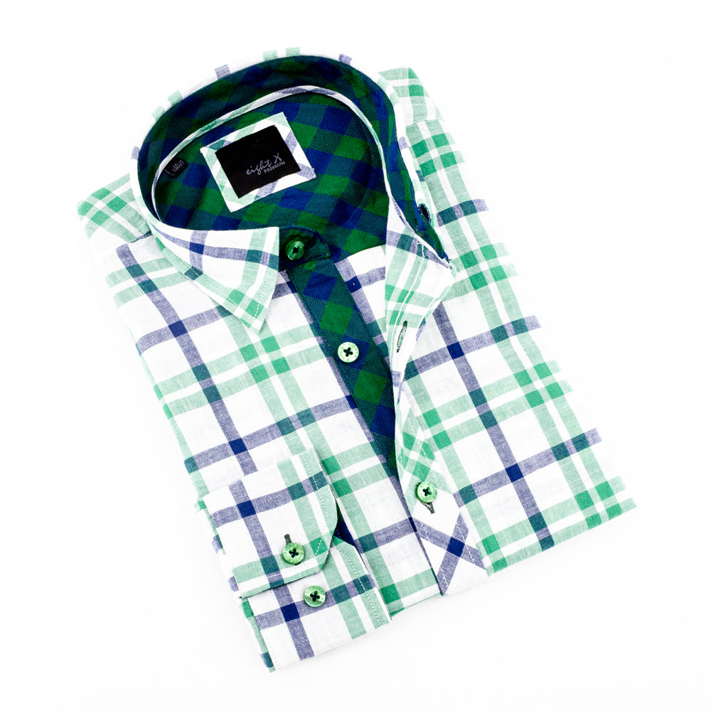 Plaid Linen Shirt - Green on White Long Sleeve Button Down EightX   