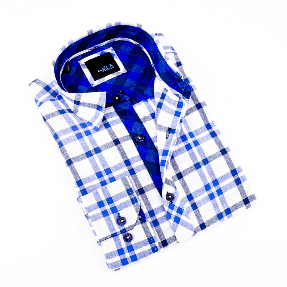 Plaid Linen Shirt - Navy on White Long Sleeve Button Down EightX   