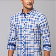 Plaid Linen Shirt - Navy on White Long Sleeve Button Down EightX   