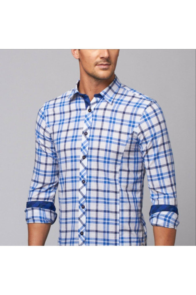 Plaid Linen Shirt - Navy on White Long Sleeve Button Down EightX   