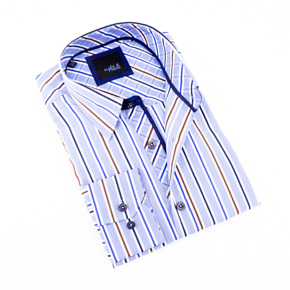 Blue Striped Button Down Shirt W/Plaid Trim Long Sleeve Button Down EightX   