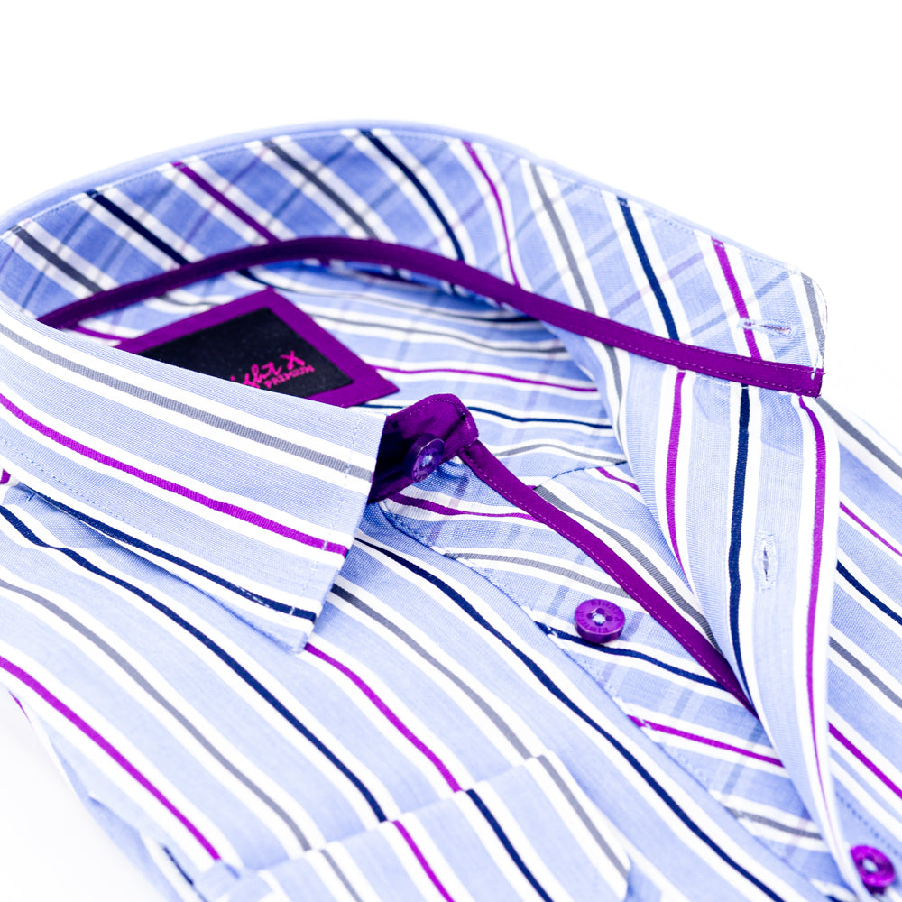 Purple Striped Button Down Shirt W/Plaid Trim Long Sleeve Button Down EightX   