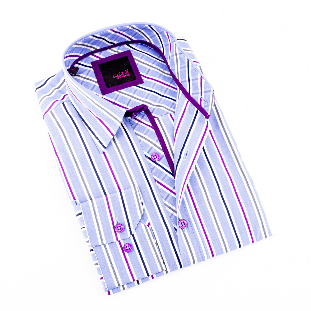 Purple Striped Button Down Shirt W/Plaid Trim Long Sleeve Button Down EightX   