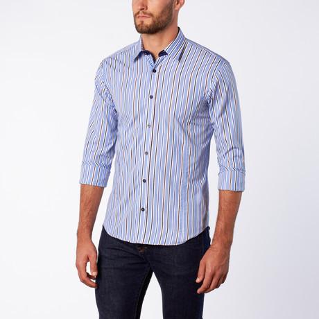 Blue Striped Button Down Shirt W/Plaid Trim Long Sleeve Button Down EightX   