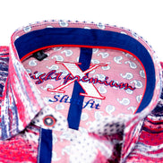 Red Button Down Print Shirt W/Paisley Trim Long Sleeve Button Down EightX   