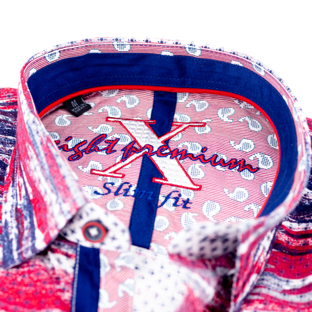 Red Button Down Print Shirt W/Paisley Trim Long Sleeve Button Down EightX   