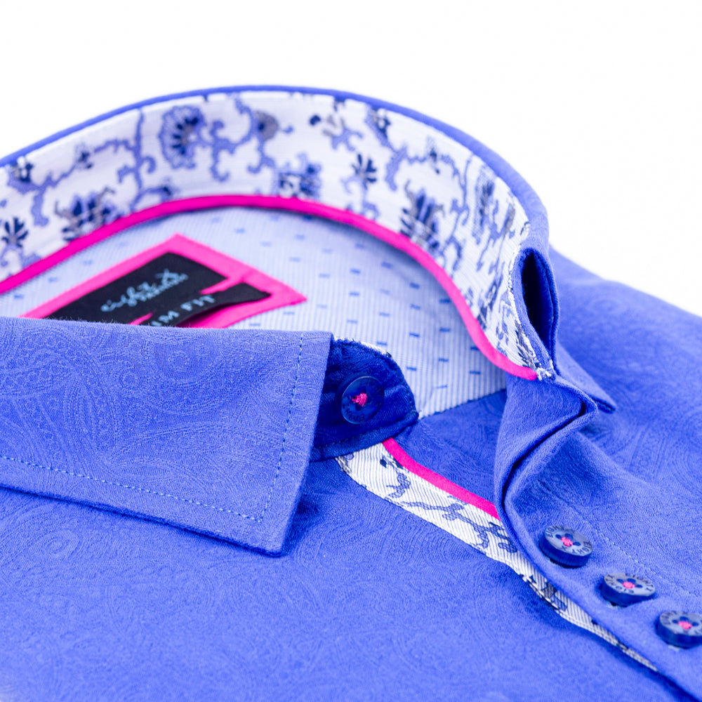 Royal Blue Paisley Button Down Jacquard Shirt Long Sleeve Button Down EightX   