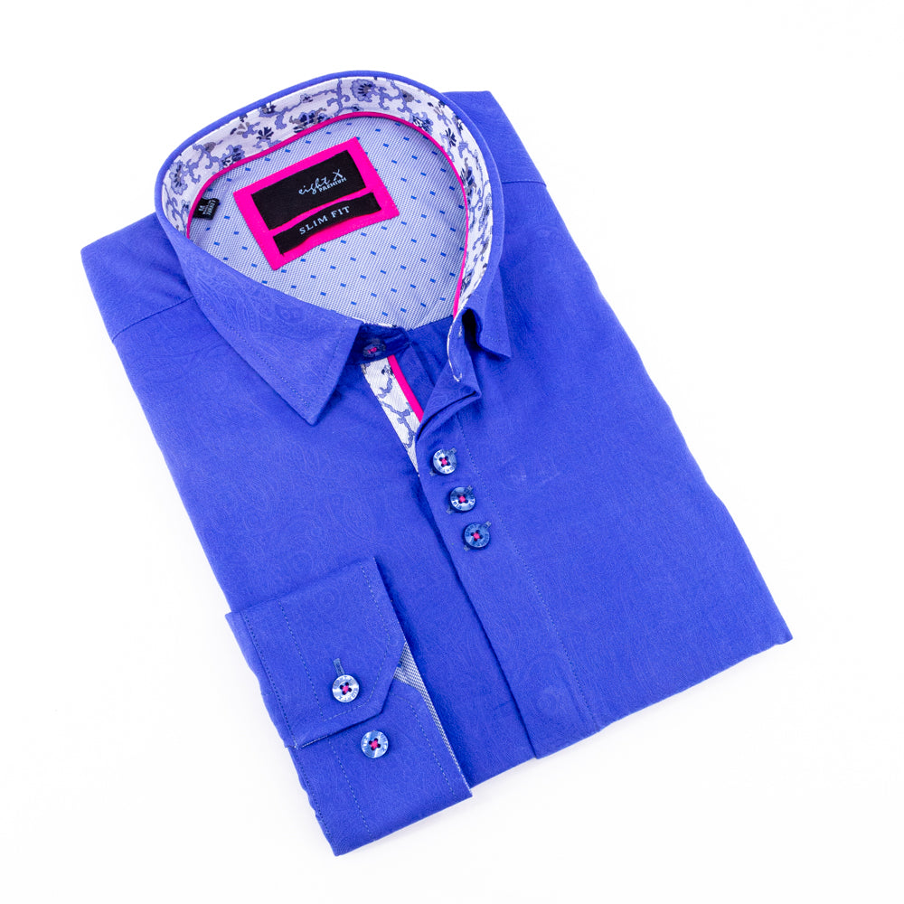 Royal Blue Paisley Button Down Jacquard Shirt Long Sleeve Button Down EightX   