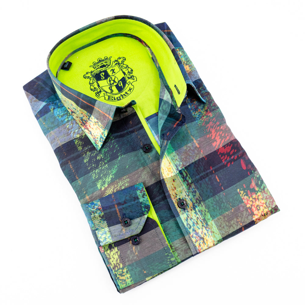 Button Down Print Shirt W/Green Trim Long Sleeve Button Down EightX   