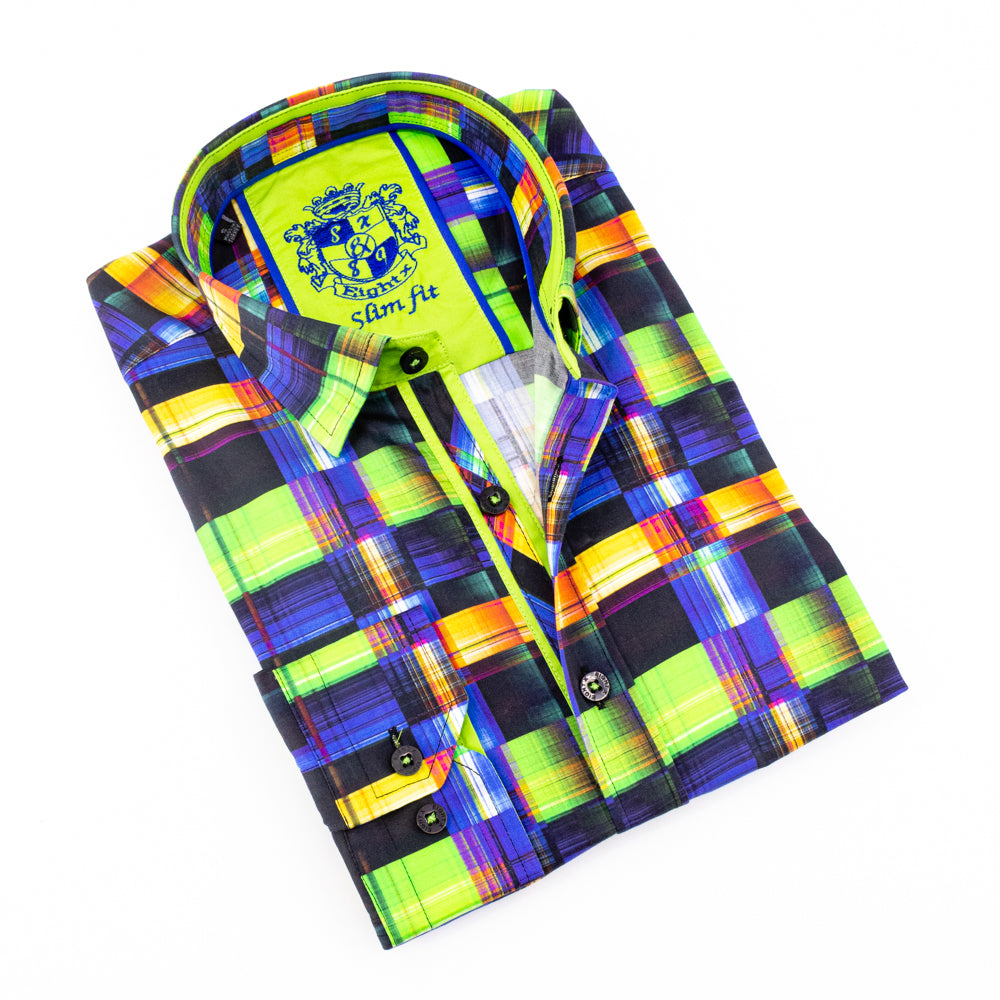 Multi Color Modern Button Down Shirt W/Lime Trim Long Sleeve Button Down EightX   