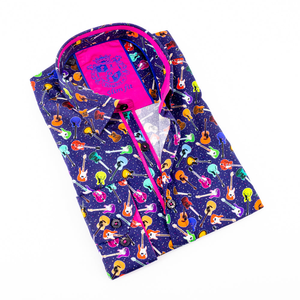 Eight X Designer Dress Shirts Funky Guitars Shirt With Trim
