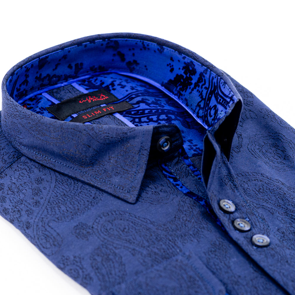 Navy Paisley Jacquard Button Down Shirts W/Flocking Trim Long Sleeve Button Down EightX   