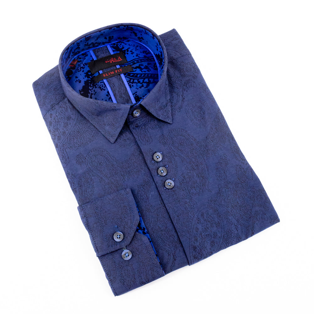 Navy Paisley Jacquard Button Down Shirts W/Flocking Trim Long Sleeve Button Down EightX   