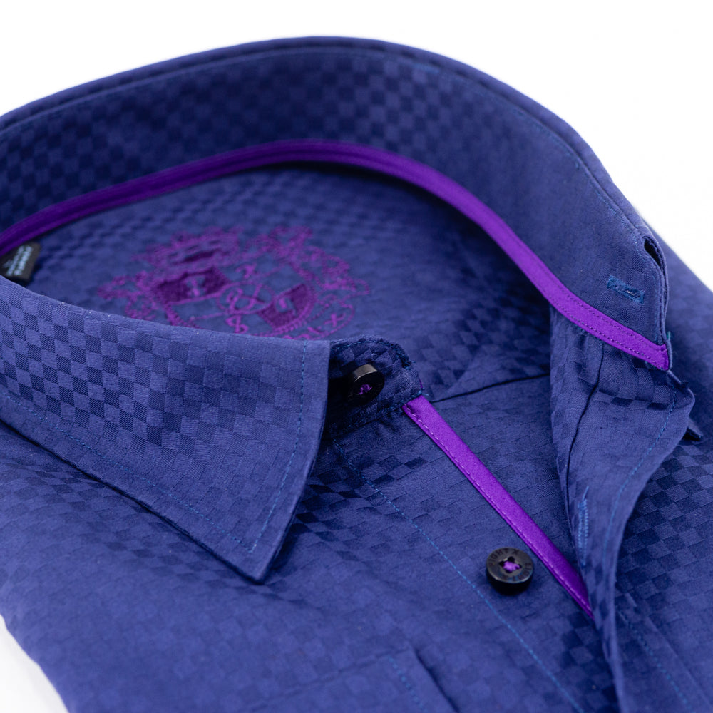 Solid Navy W/Purple trim Button Down Jacquard Shirt Long Sleeve Button Down EightX   