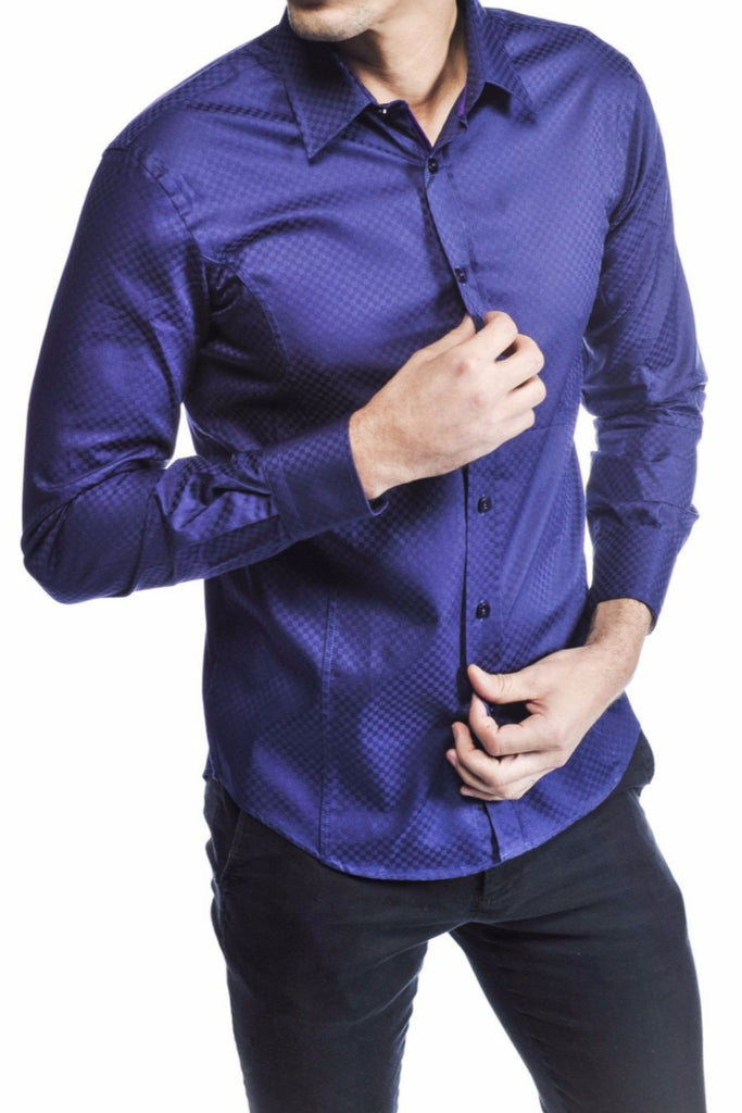 Solid Navy W/Purple trim Button Down Jacquard Shirt Long Sleeve Button Down EightX   
