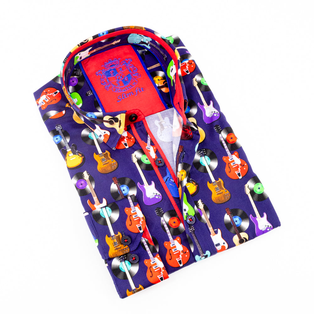 Navy Guitars And Records Button Down Print Shirt Long Sleeve Button Down EightX   