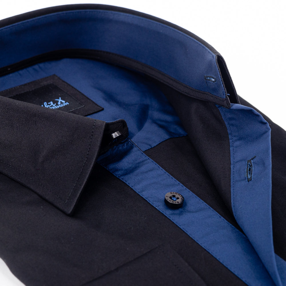 Solid Black Shirt W/Navy Trim Long Sleeve Button Down EightX   