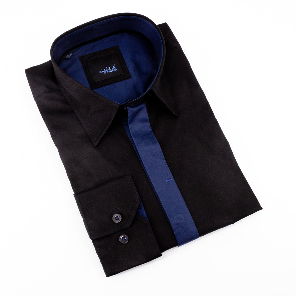 Solid Black Shirt W/Navy Trim Long Sleeve Button Down EightX   