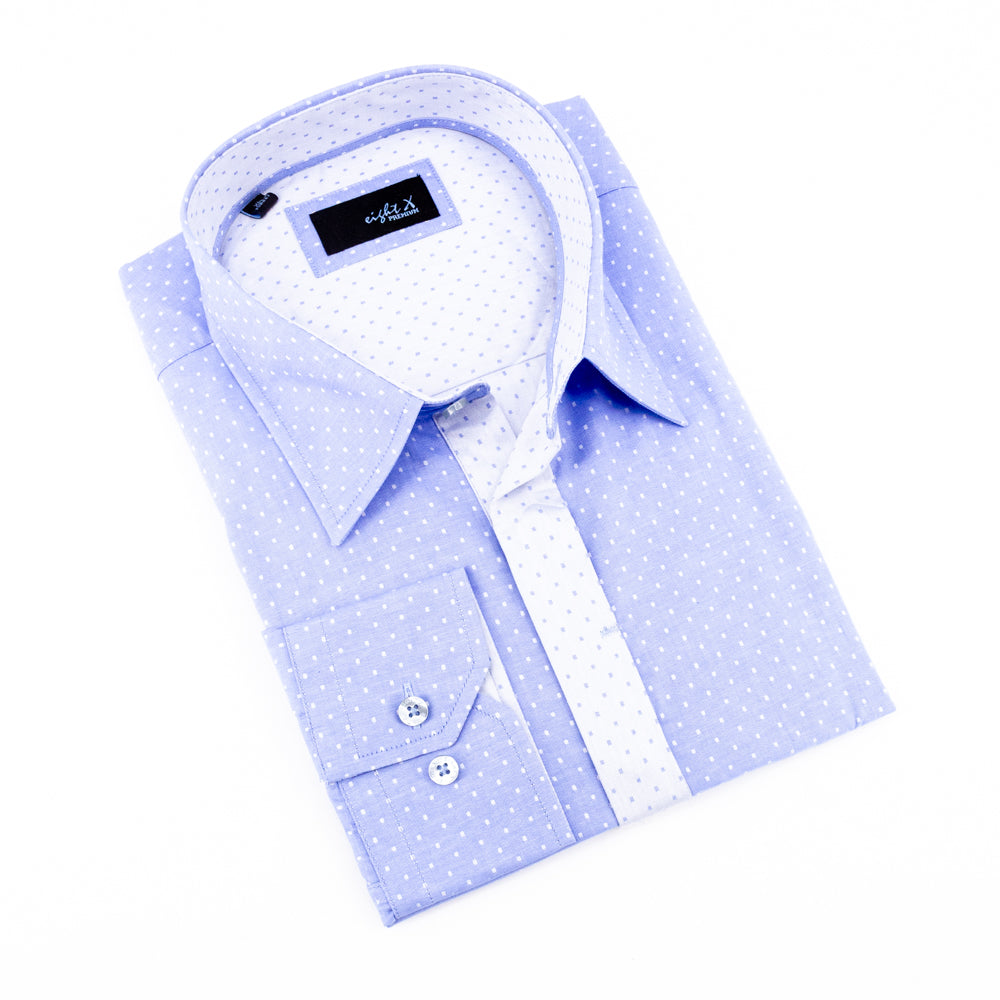 Blue Jacquard Hidden Button Shirt Long Sleeve Button Down EightX   