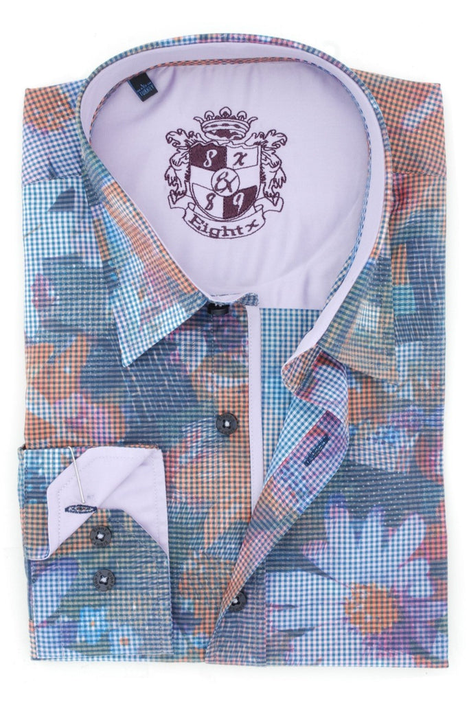 Digital Print Shirt W/Lilac Trim Long Sleeve Button Down EightX   
