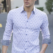 Navy Jacquard Shirt With Trim Long Sleeve Button Down EightX   