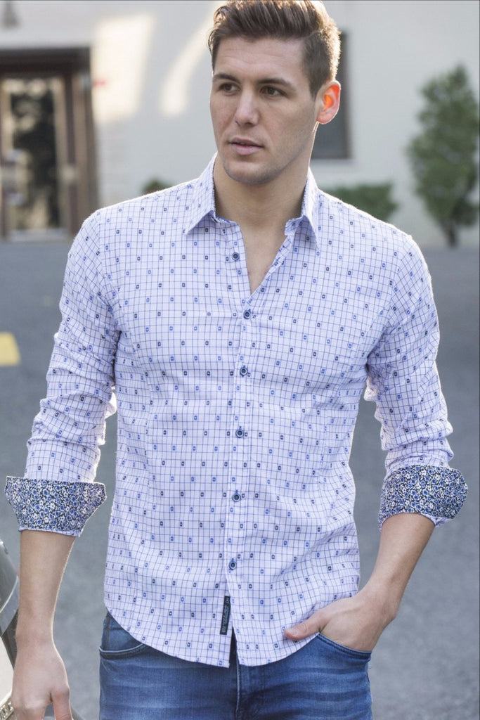 Navy Jacquard Shirt With Trim Long Sleeve Button Down EightX   