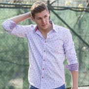 Red Jacquard Shirt With Trim Long Sleeve Button Down EightX   