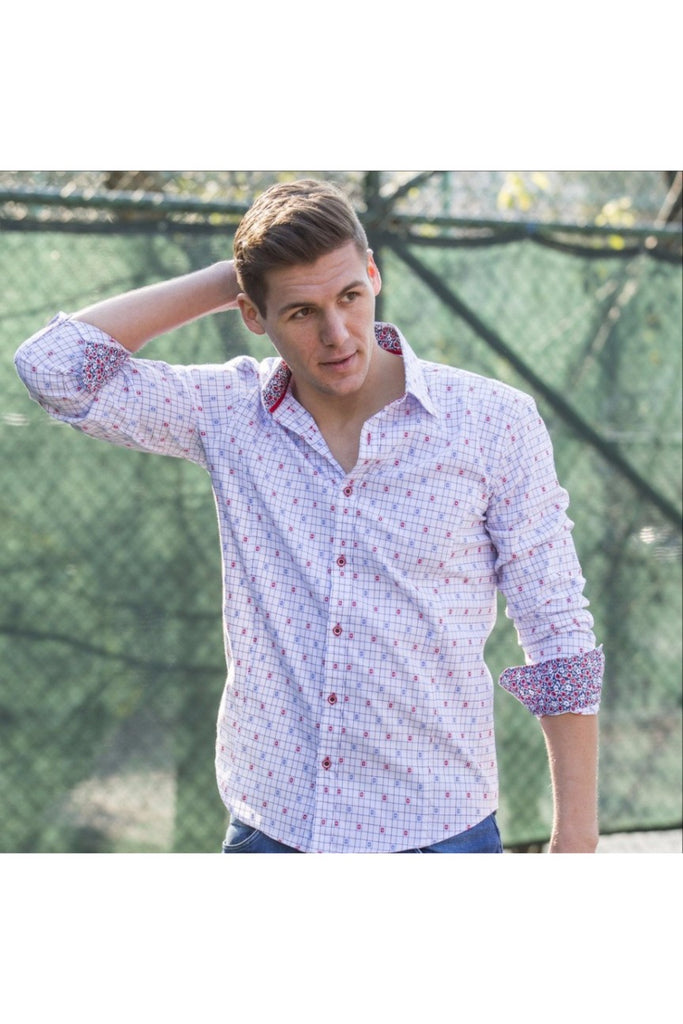 Red Jacquard Shirt With Trim Long Sleeve Button Down EightX   