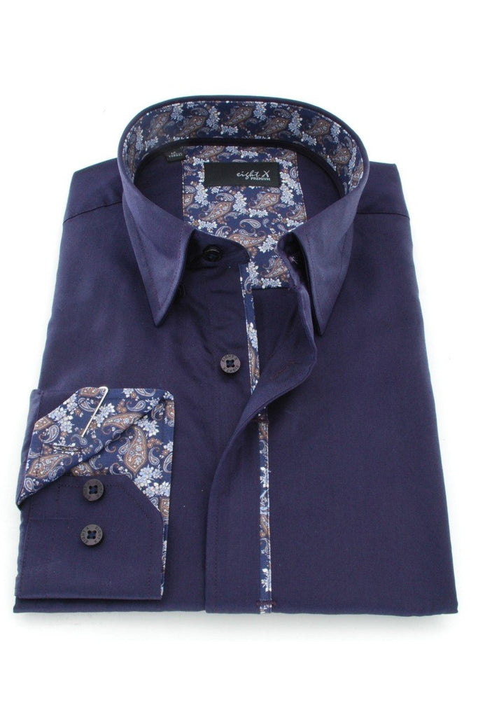 Dark Purple Shirt With Trim Long Sleeve Button Down EightX   