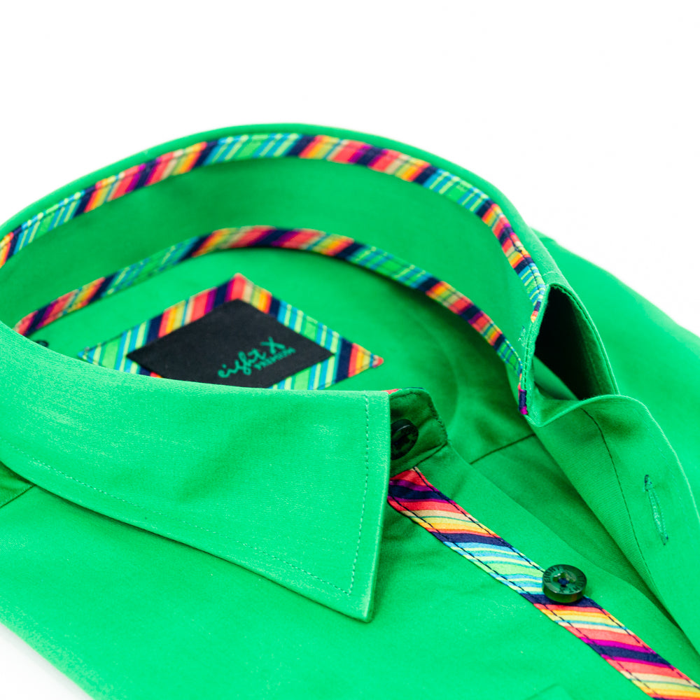 Green Shirt With Colorful Trim Long Sleeve Button Down EightX   